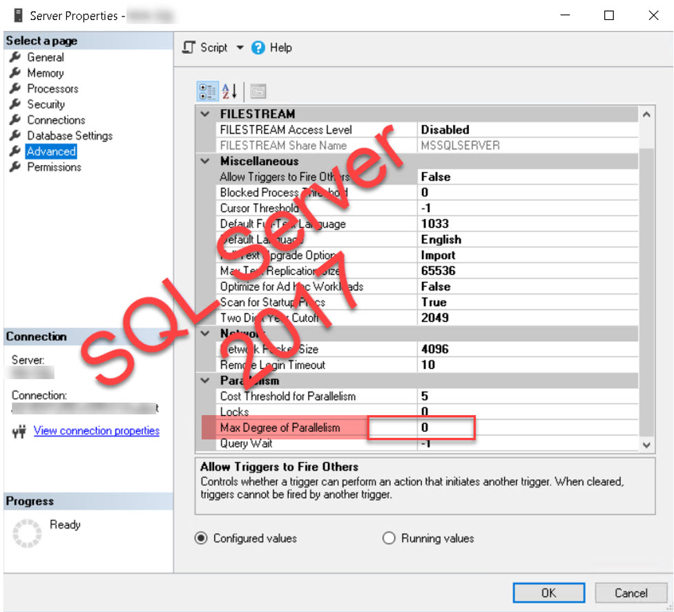 ค่า MaxDOP เริ่มต้น ในระดับ Instance ของ SQL Server 2017